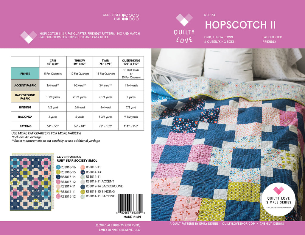 Quilty Love Hopscotch II Quilt Pattern // Fat Quarter Quilt // No. 134 // Crib //Throw // Queen //Emily Dennis // Plus Sign// Patchwork