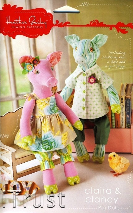Heather Bailey Clara and Clancy Pig Dolls Sewing Pattern, FREE SHIPPING