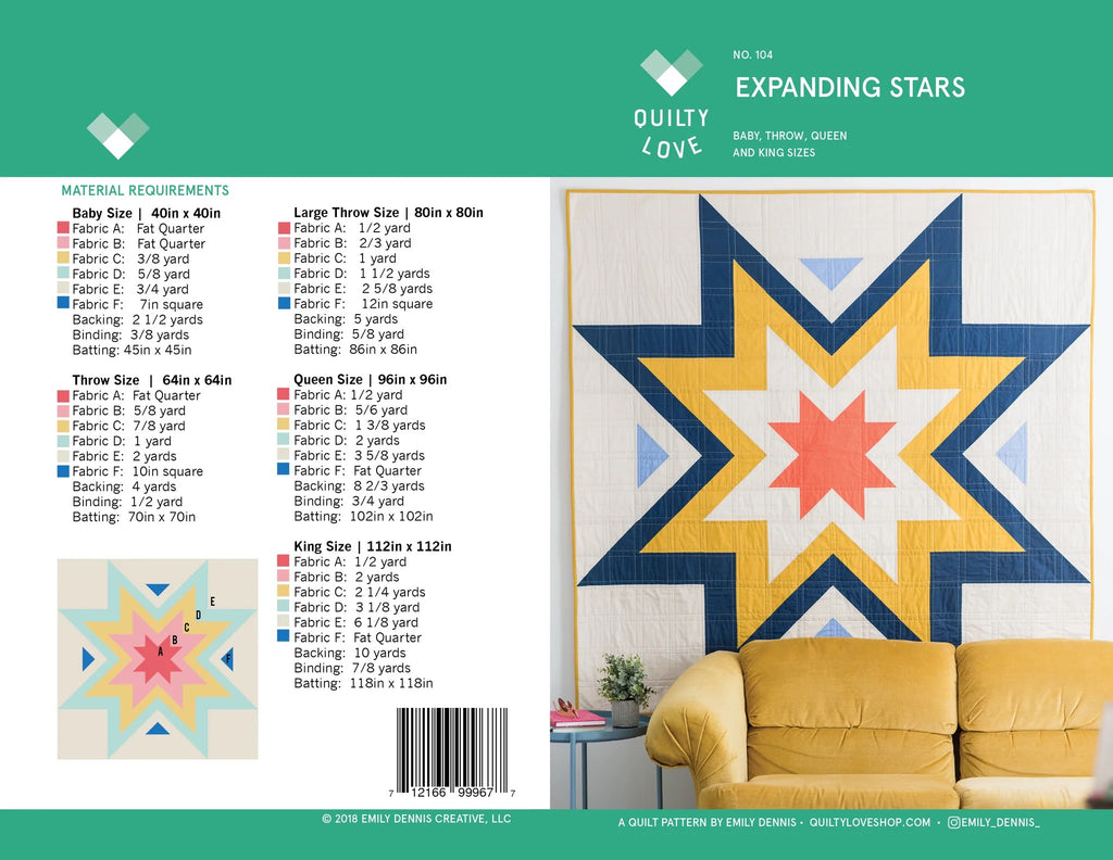 Quilty Love Expanding Stars Quilt Pattern // No. 104 // Crib  // Throw // Queen // King // Emily Dennis