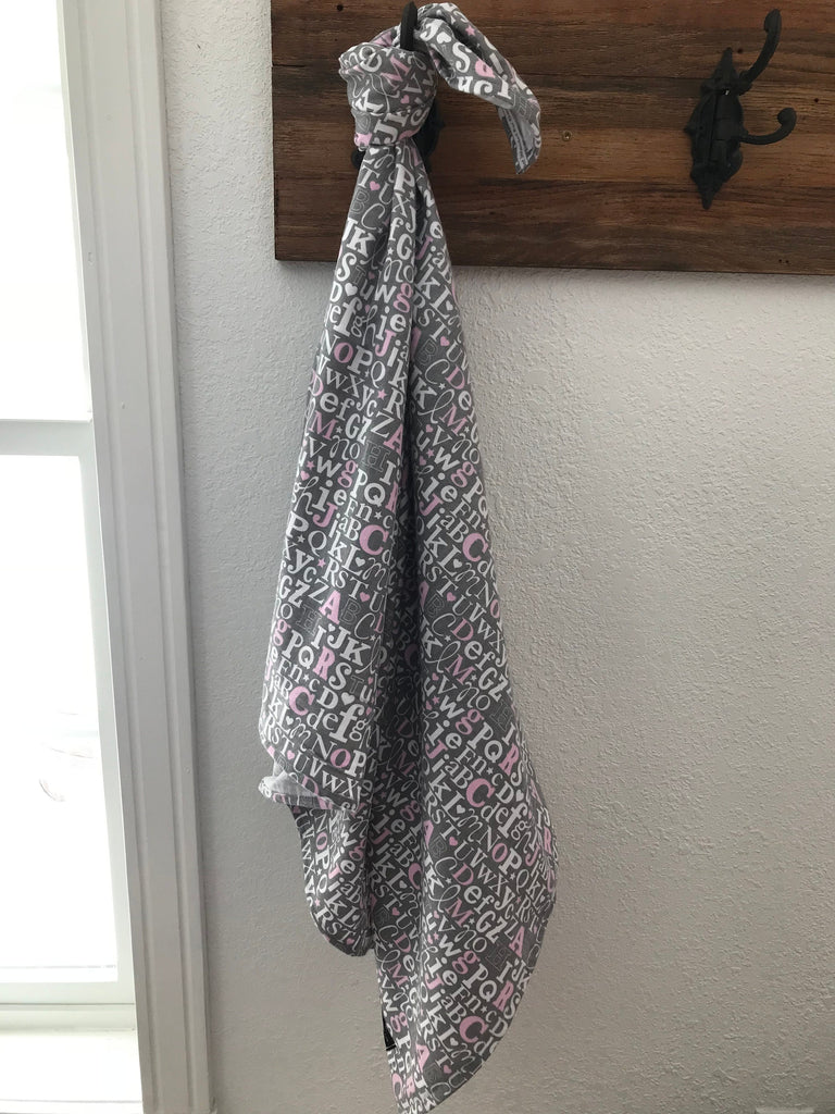 ABC Grey + Pink Baby Blanket Swaddler // Receiving Blanket // Swaddling Blanket // Flannel Blanket  // Alphabet // Swaddle, FREE SHIPPING