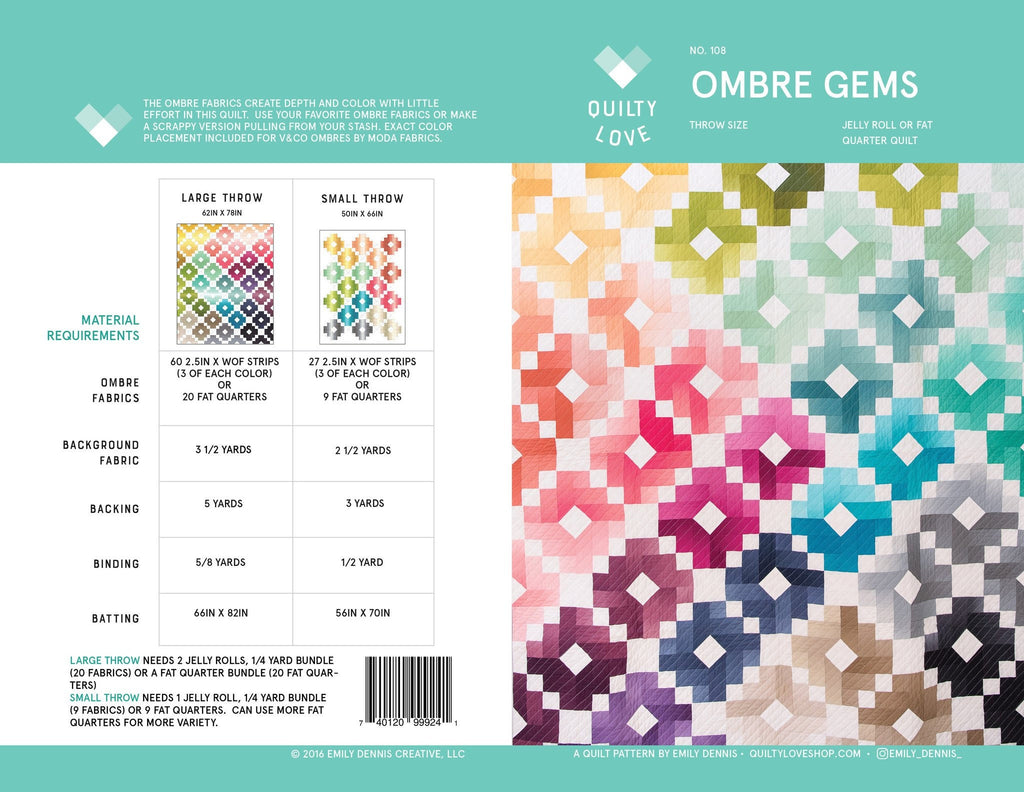 Quilty Love Ombre Gems Quilt Pattern // Fat Quarter Quilt // No. 108 // Jelly Roll // Throw //  Emily Dennis // Diamond // Patchwork