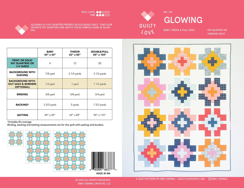 Quilty Love Glowing Quilt Pattern // Fat Quarter Quilt // No. 136 // Yardage // Baby //Throw // Full //Emily Dennis // Plus Sign// Patchwork